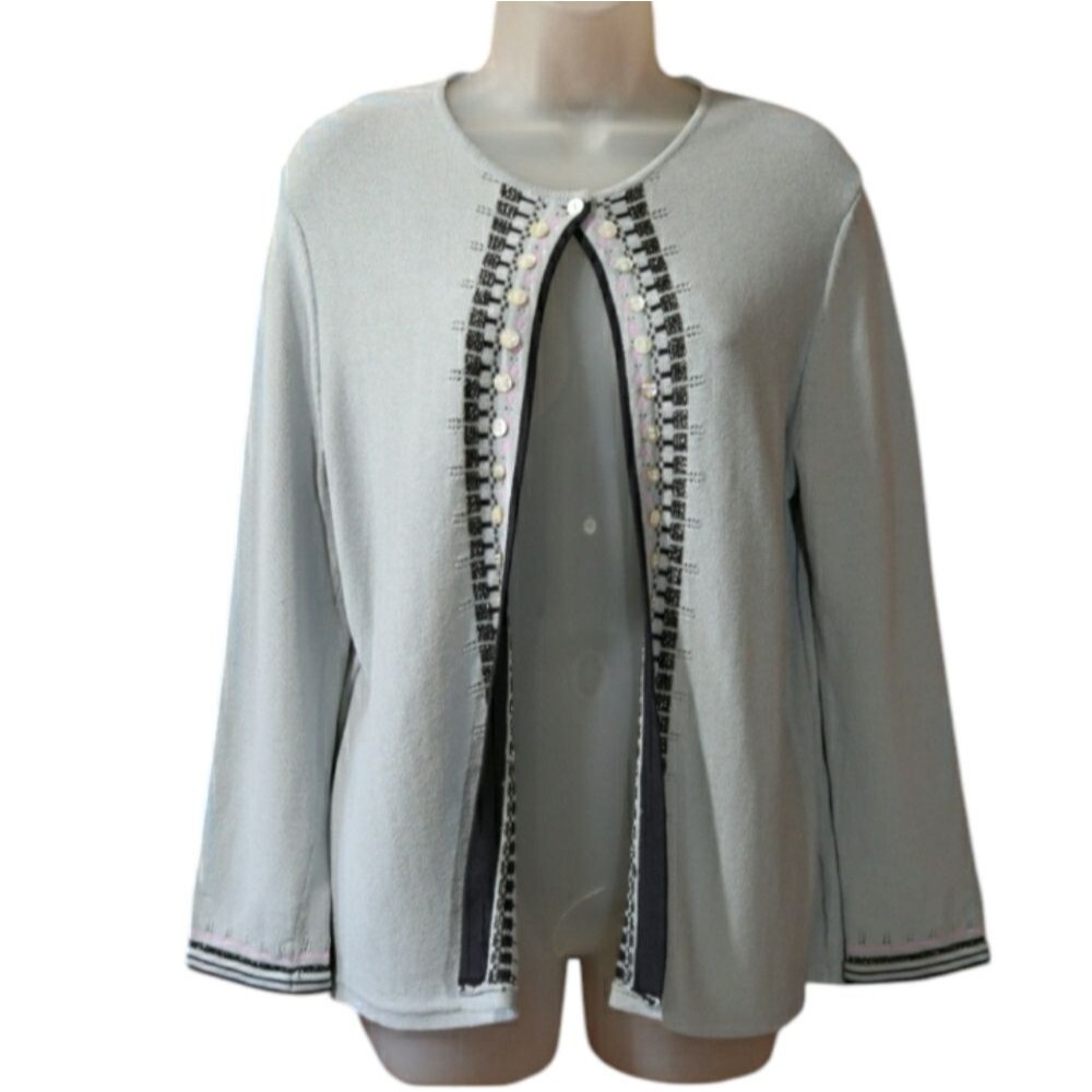 Jones New York Light Gray Cardigan with Black Trim Medium